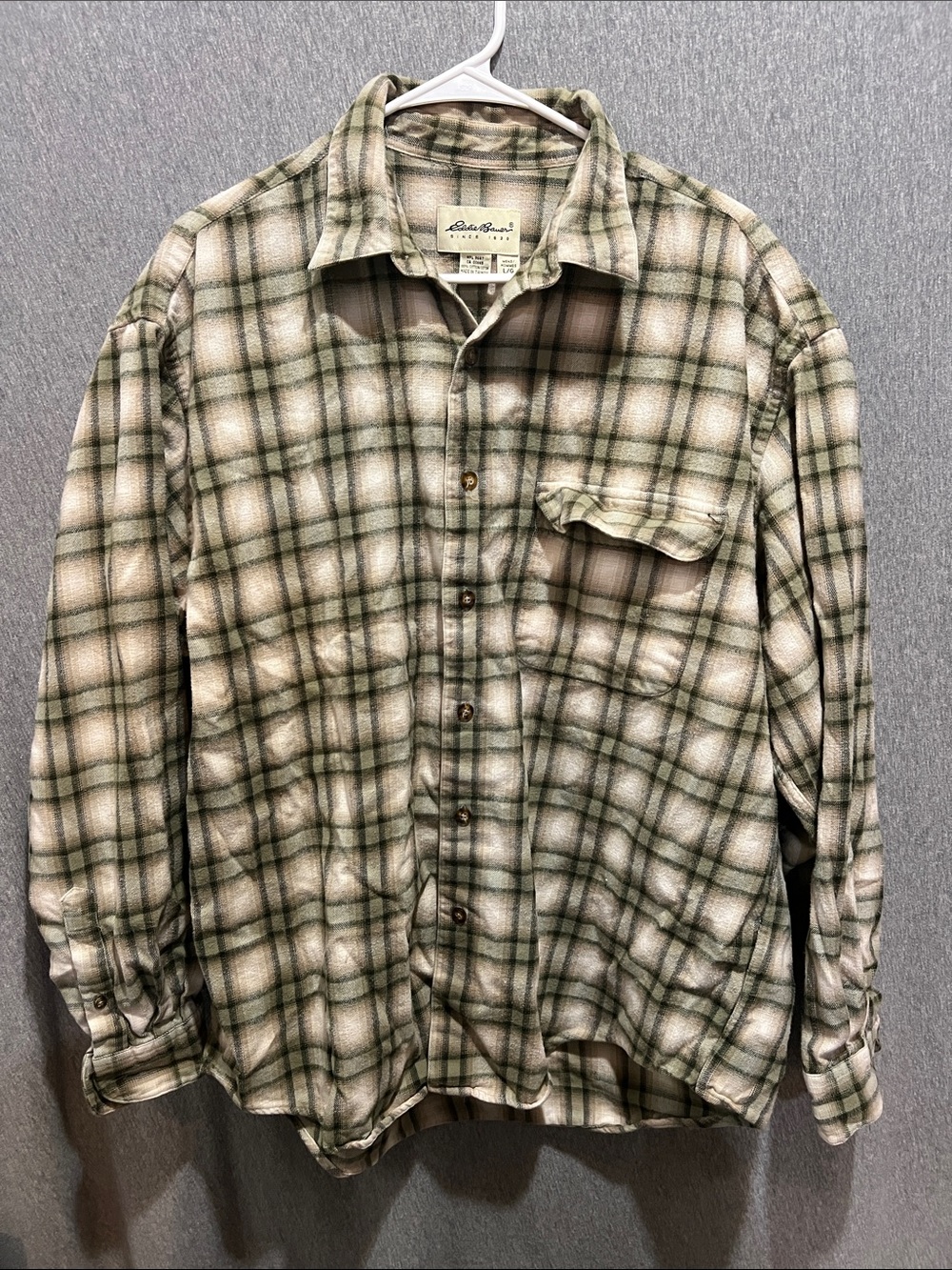 Eddie Bauer Men's Green and Cream Plaid Button-Down Shirt